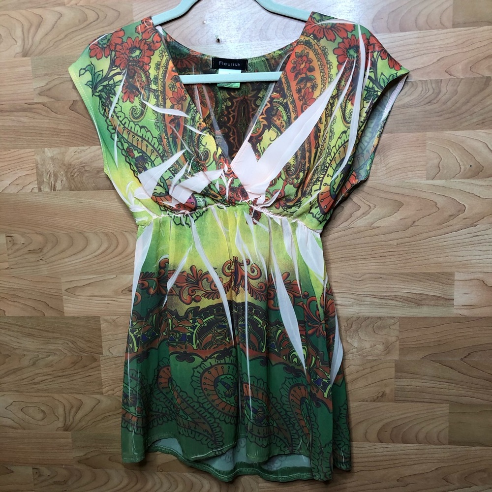 FLEURISH SIZE SMALL SURPLICE PEPLUM SHEER TOP